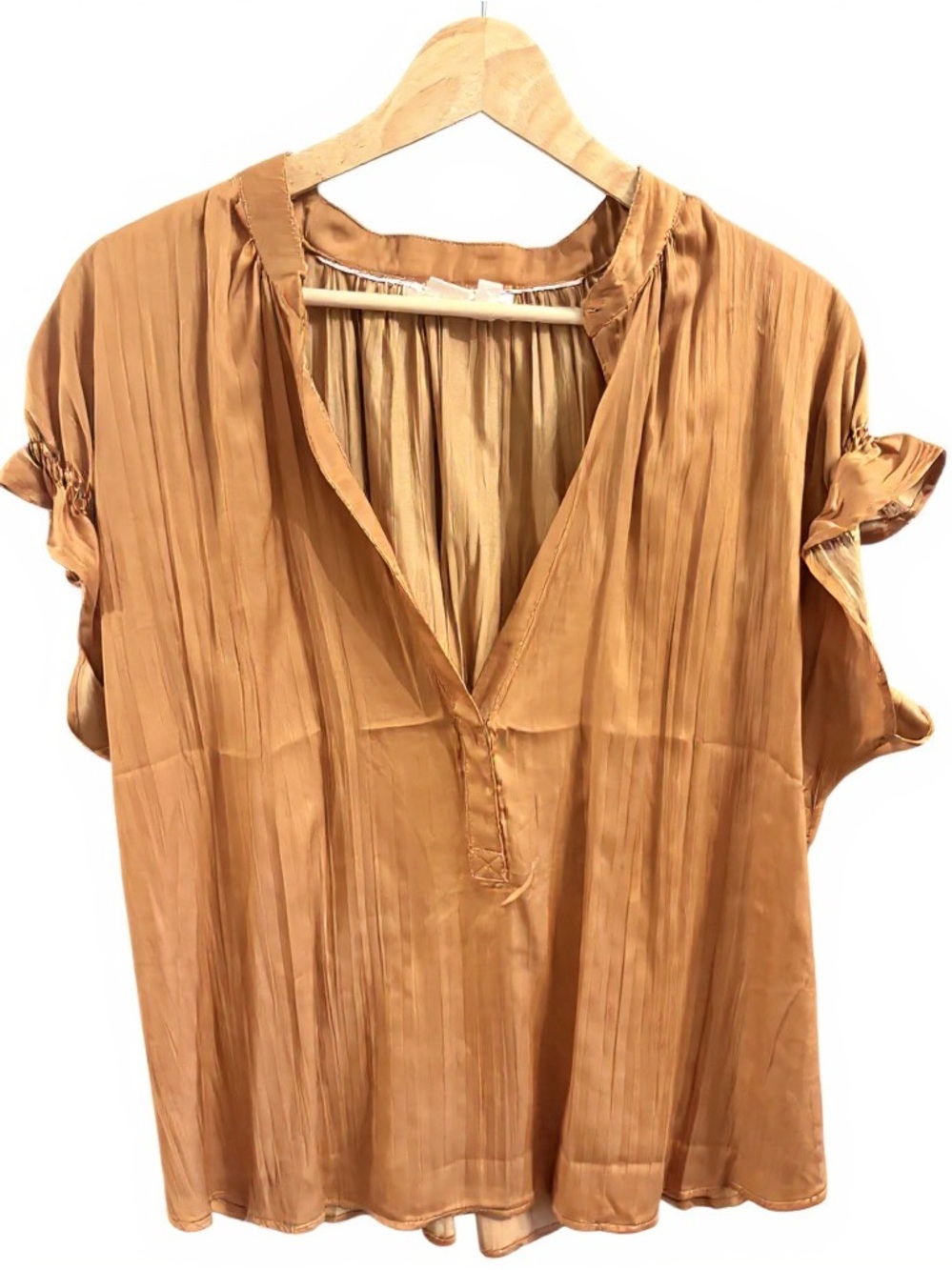 Anthropologie Pleated V-Neck Short Sleeve Blouse - Camel/Tan